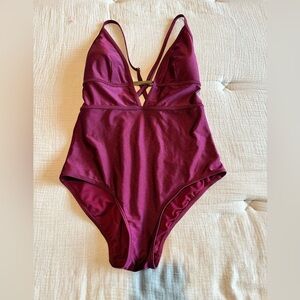 Ted Baker Women's Red Marron One Piece Swimsuit Gold Accent Plunge